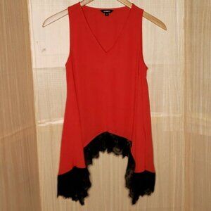 Express Womens Red Sleeveless Asymmetrical Top With Black Lace Trim Small